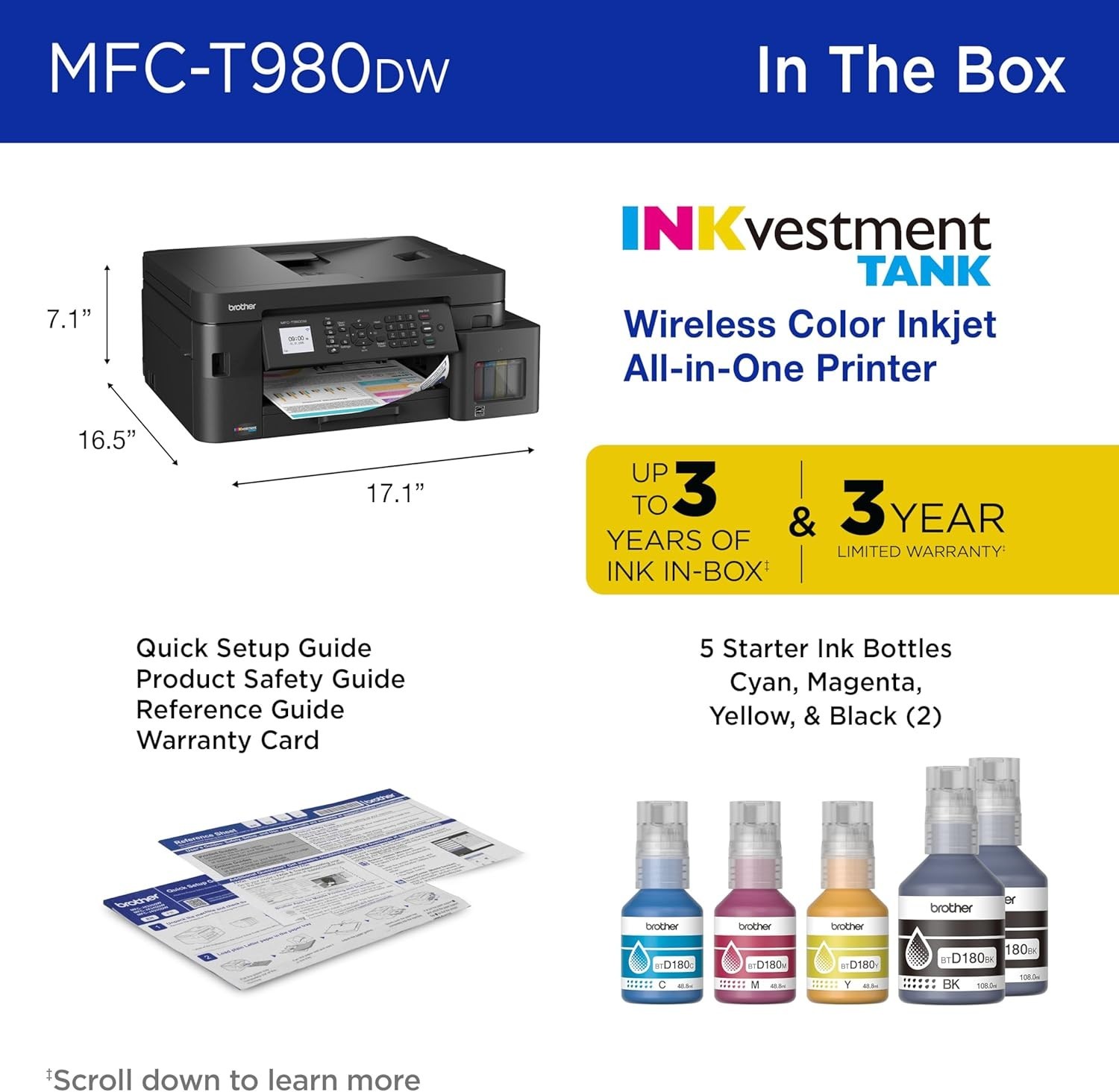 Brother INKvestment Tank 980 Wireless and Ethernet Color Inkjet All-in-One Print