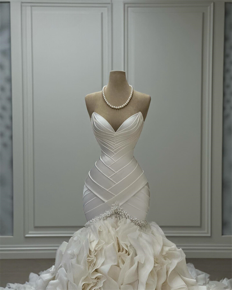 Exquisite Mermaid Pearl Princess Wedding Dresses Zip Ruffles Tiered Bridal Gowns