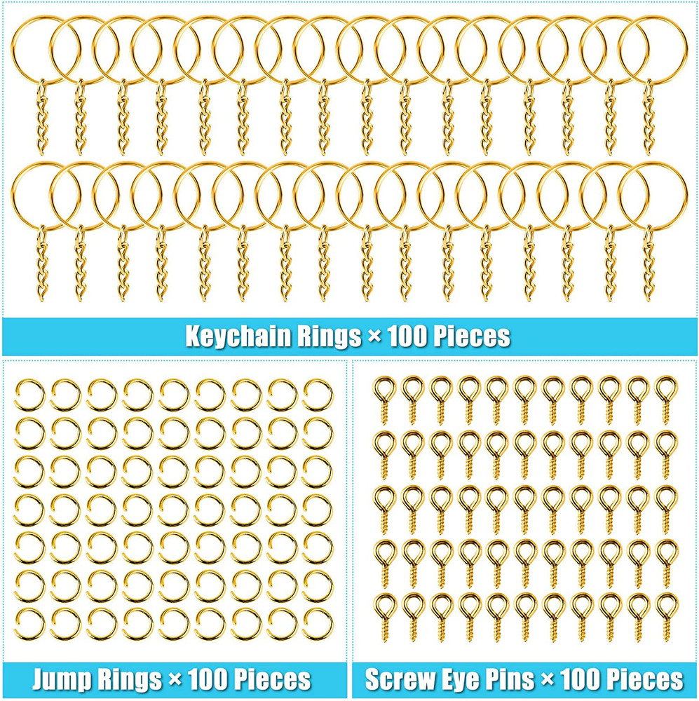 Keychain Rings Kit for Crafts Gold, Includes 100Pcs Split Key Ring with Chain,