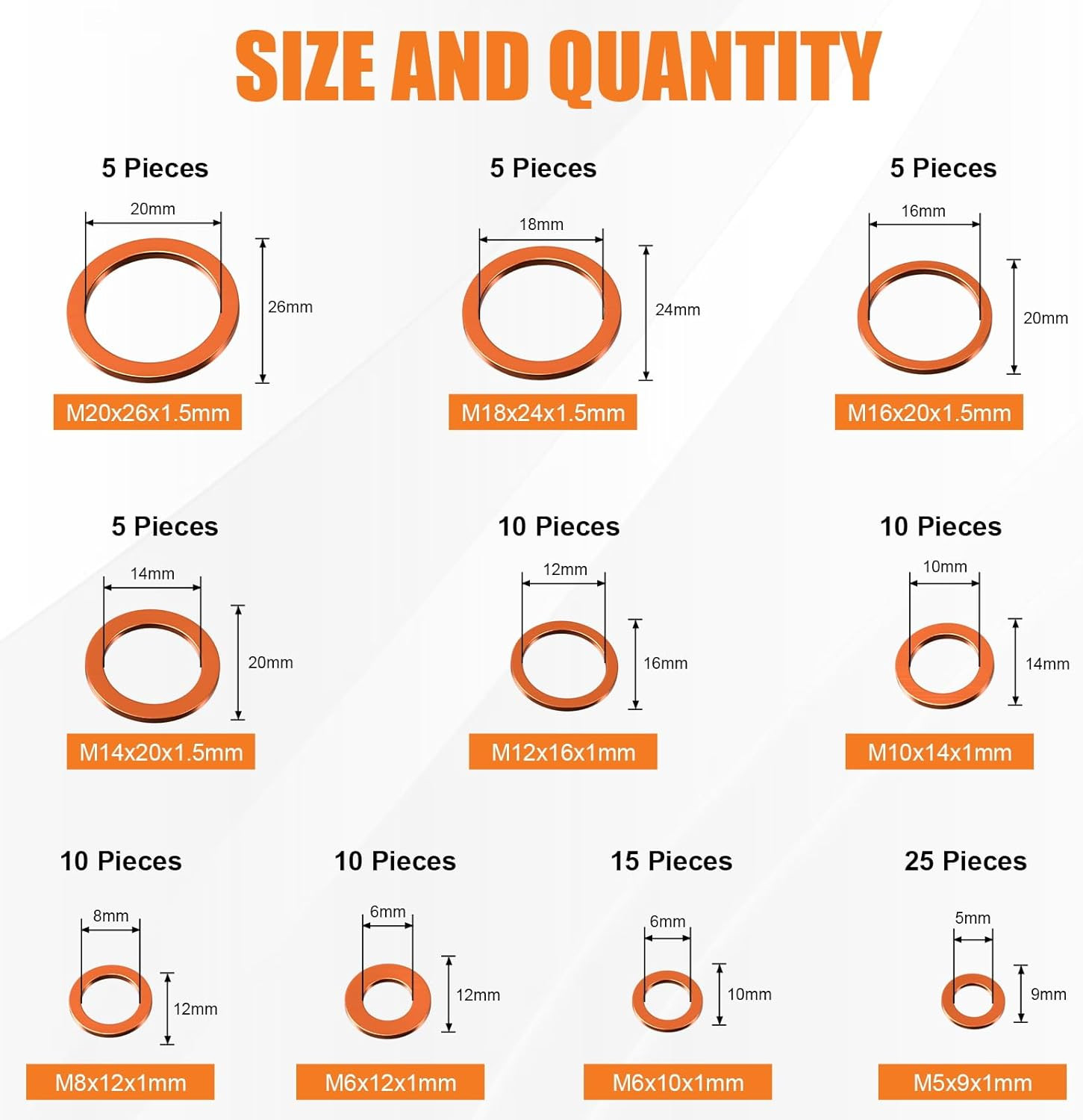 Oil Drain Plug Washer, 100 PCS Copper Crush Gasket Assortment Kit – 10 Different