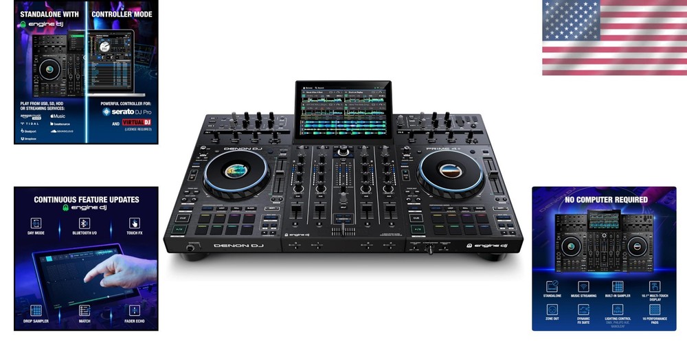 4-Deck Prime 4+ DJ Controller with Wi-Fi Streaming & Dynamic Drop Sampler Mixer