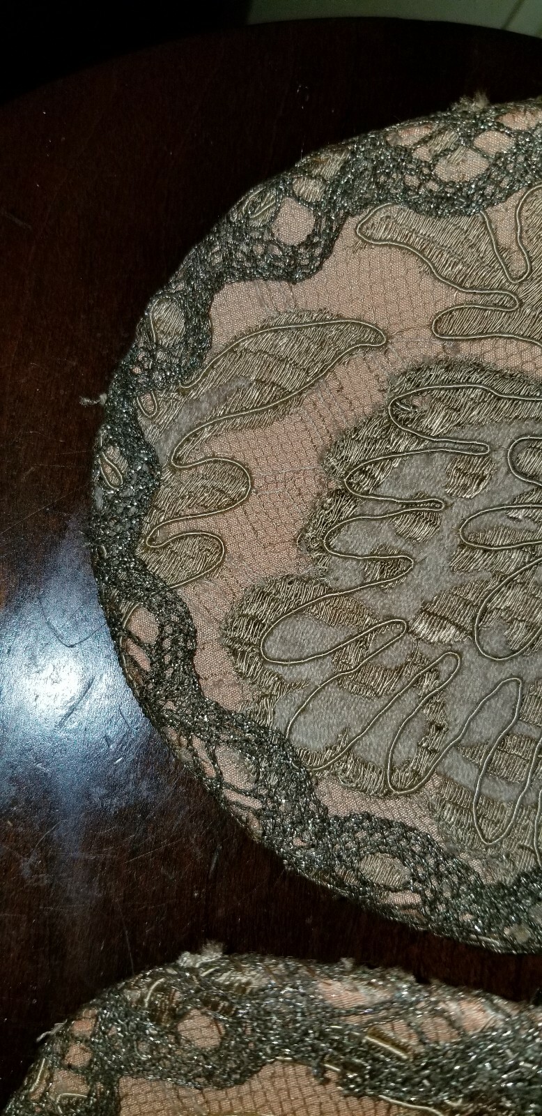 ANTIQUE PAIR FRENCH METALLIC LACE EMBROIDERED CANDLE SHADE SHIELDS HALF SHADES