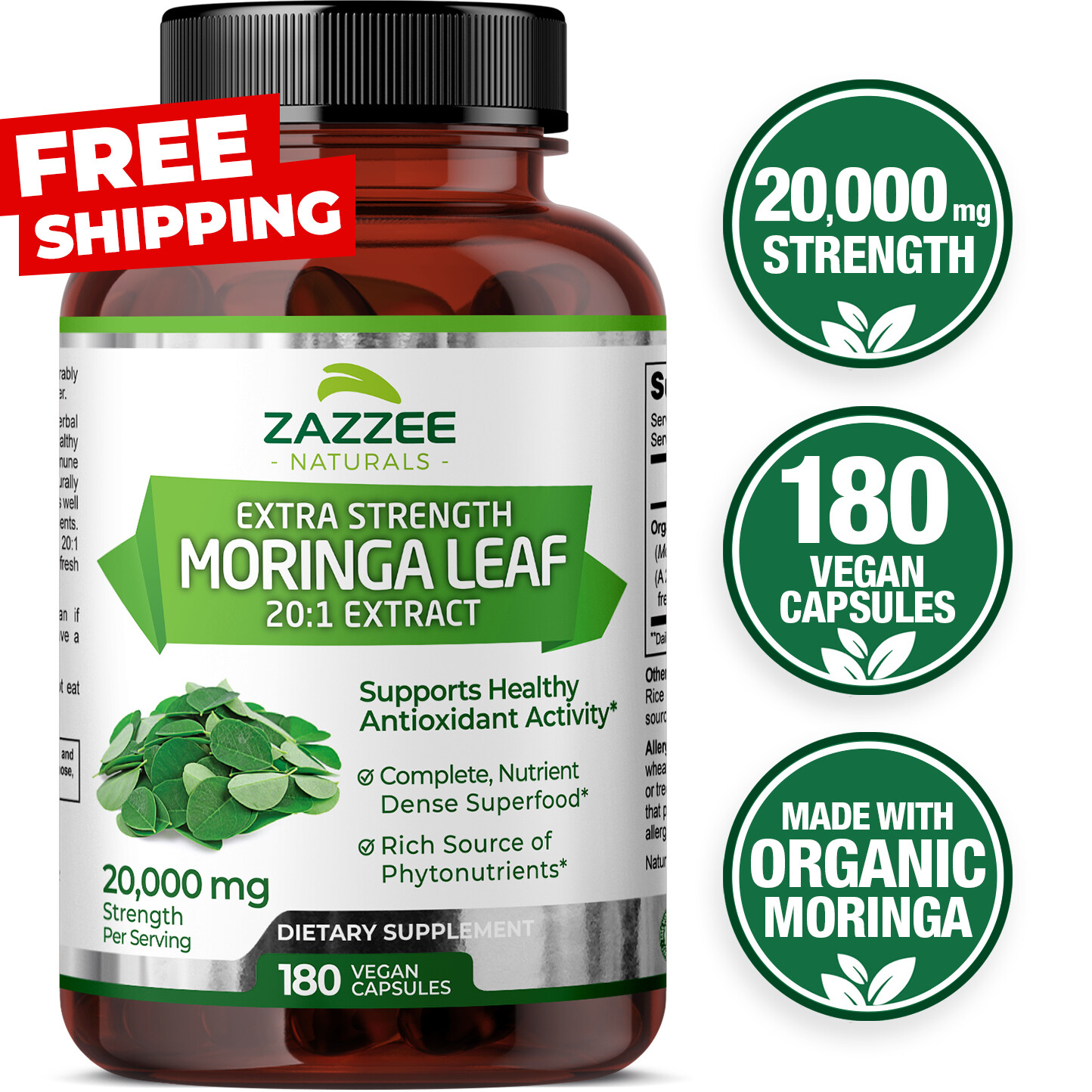 Zazzee Organic Moringa 20:1 Extract, 20,000 mg Strength, 180 Capsules, Kosher