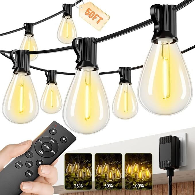 Outdoor String Lights 50FT with Shatterproof LED Bulbs Remote Control Dimmable