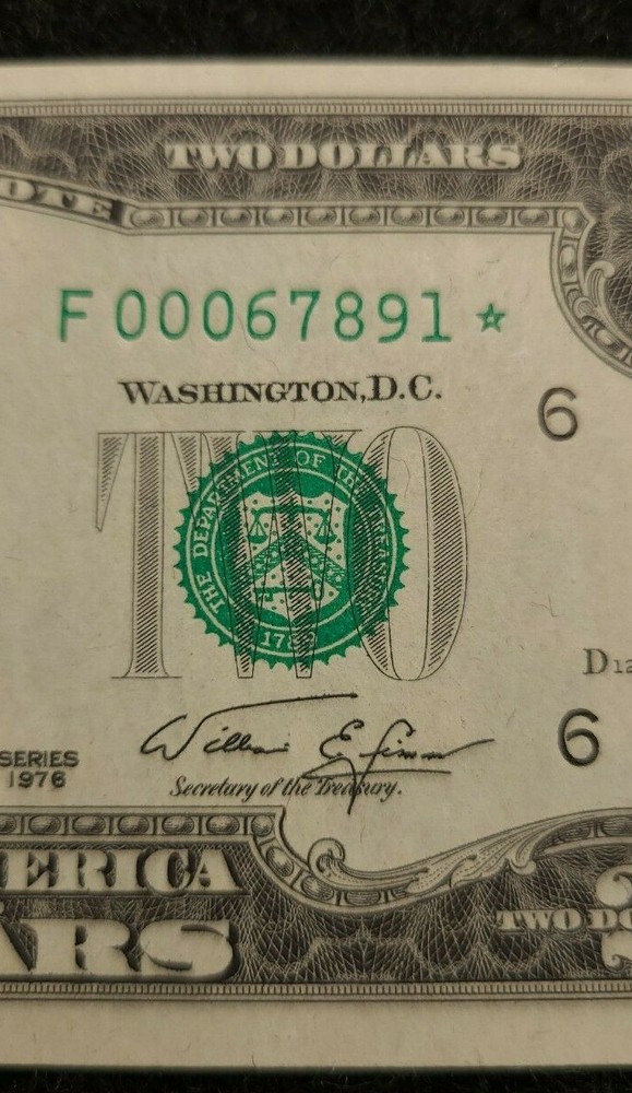 1976 $2 FRN Error, low serial #, star note F 00067891 * STAR NOTE WITH ERROR