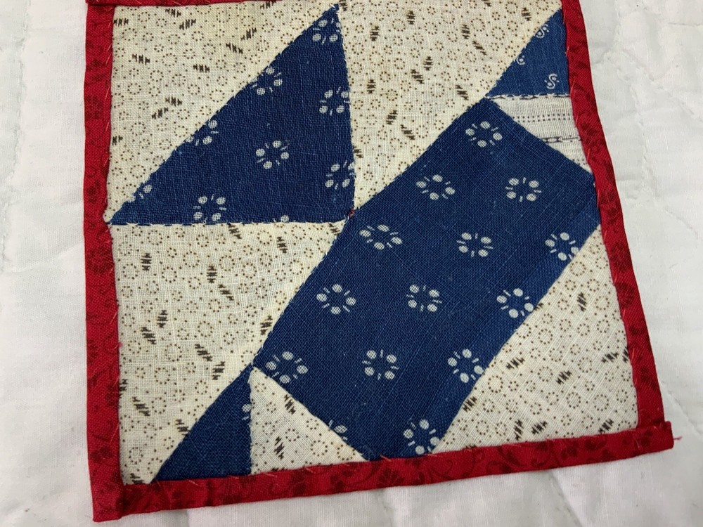 Vintage Patchwork Sm. Quilt Table Topper, Triangles, Early Calico Prints, Navy
