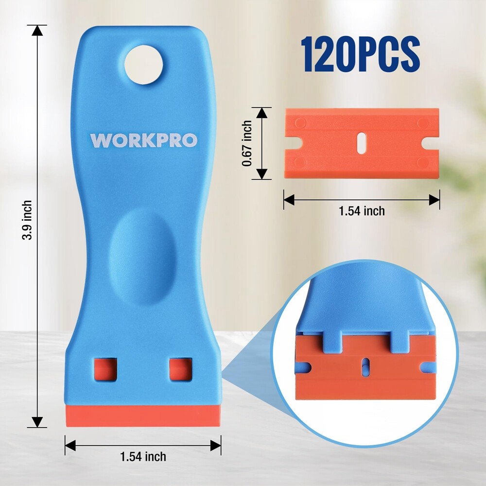 WORKPRO 3PC Razor Scraper Double Edged Sticker Removal 120PC Plastic Razor Blade