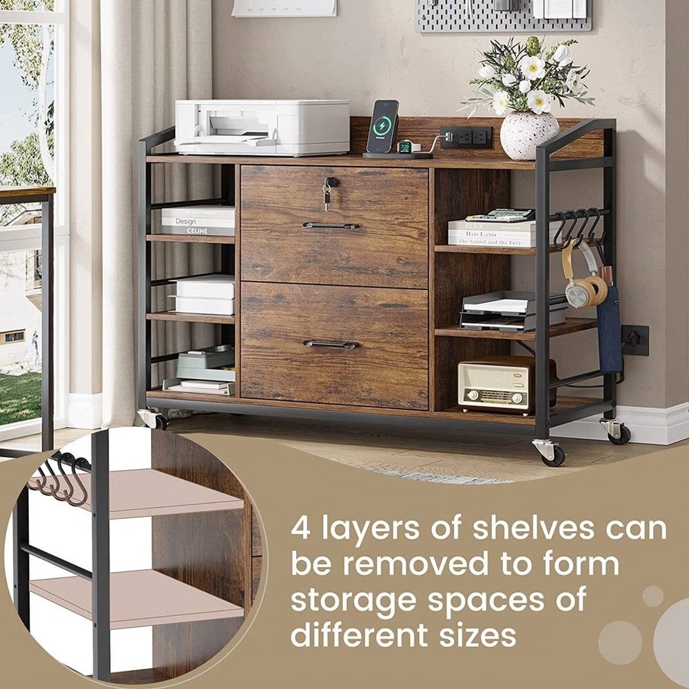 Brown Printer Stand Bookcase Power Station Mobile Office File Cabinet