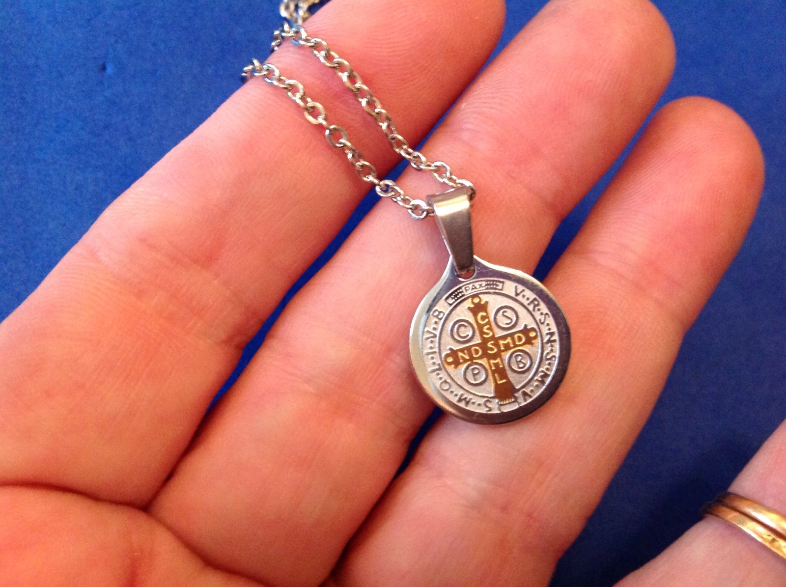 St BENEDICT Medal Protection NECKLACE Saint Medal Two Tone Stainless Steel 23”