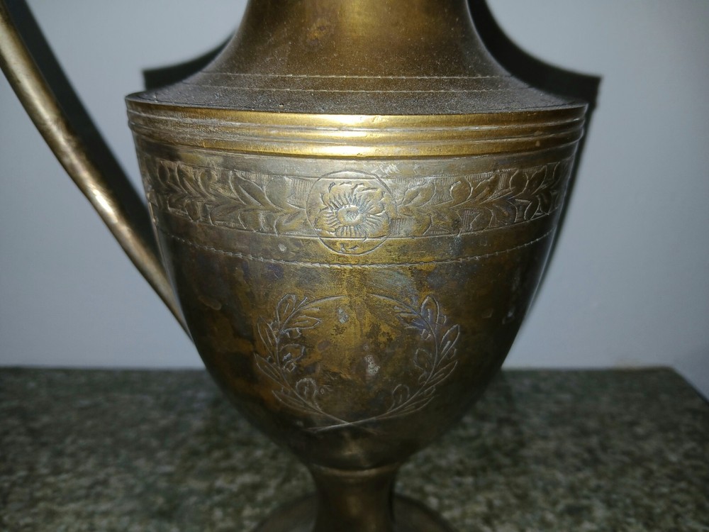 Vintage Distressed Scribed Silver Plate over Brass Pitcher