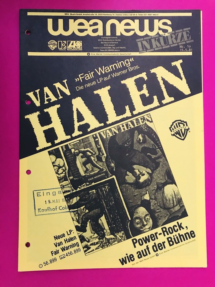 VAN HALEN 1981 Original FAIR WARNING Germany Warner Bros Co. Import Press