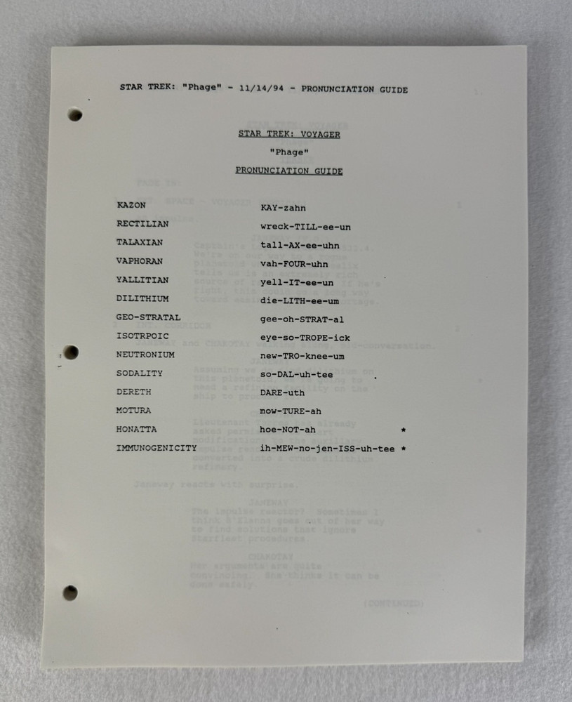 Star Trek Voyager “Phage” Final Draft Original Studio Script 11/11/1994