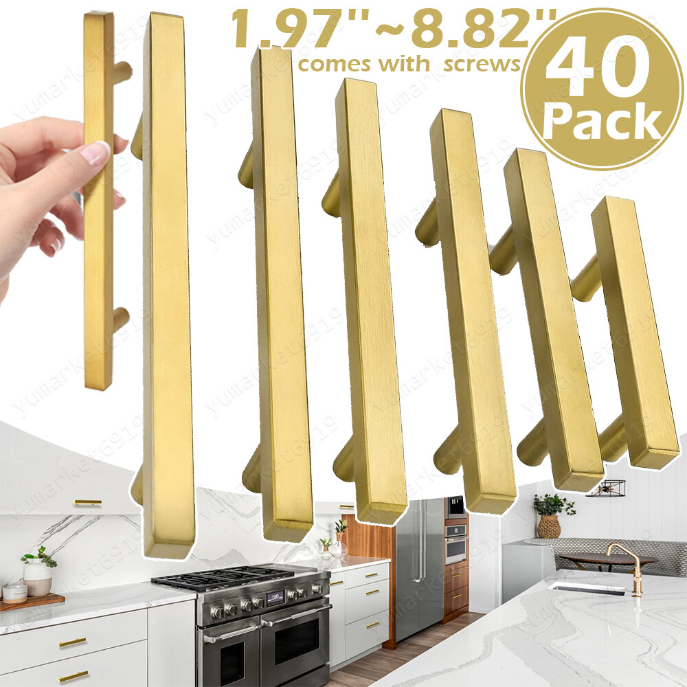 Stainless Steel Kitchen Square Cabinet Handles Brushed Gold T-Bar Drawer Pulls
