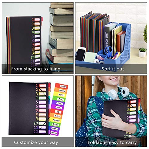 Rainbow Tab Expanding File Folder - 24 Pockets, Durable A4 Black - 24 Pockets