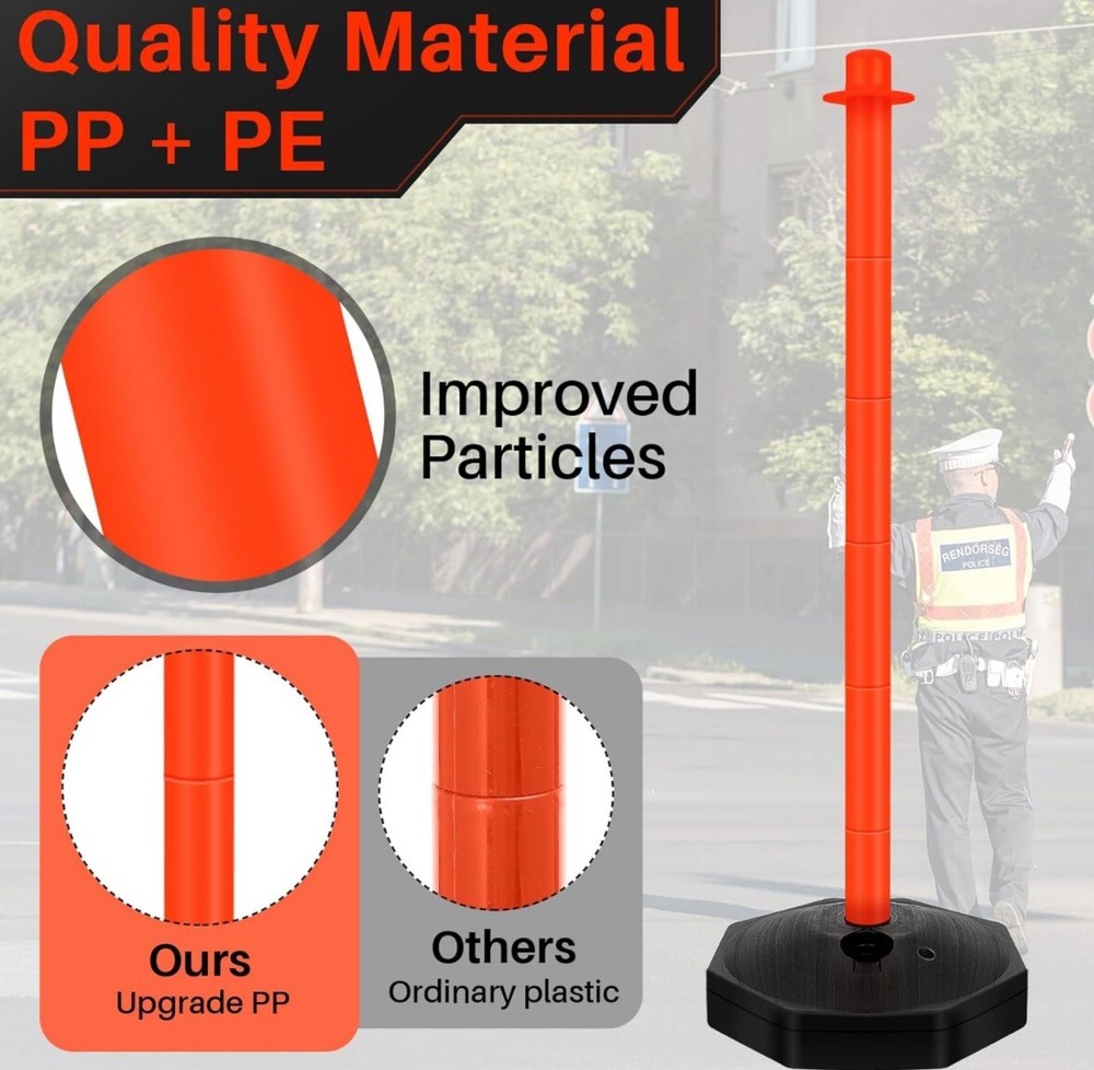 4 Pack- 34” Traffic Delineator Post Cones, Fillable Base & 6.6ft Plastic Chains