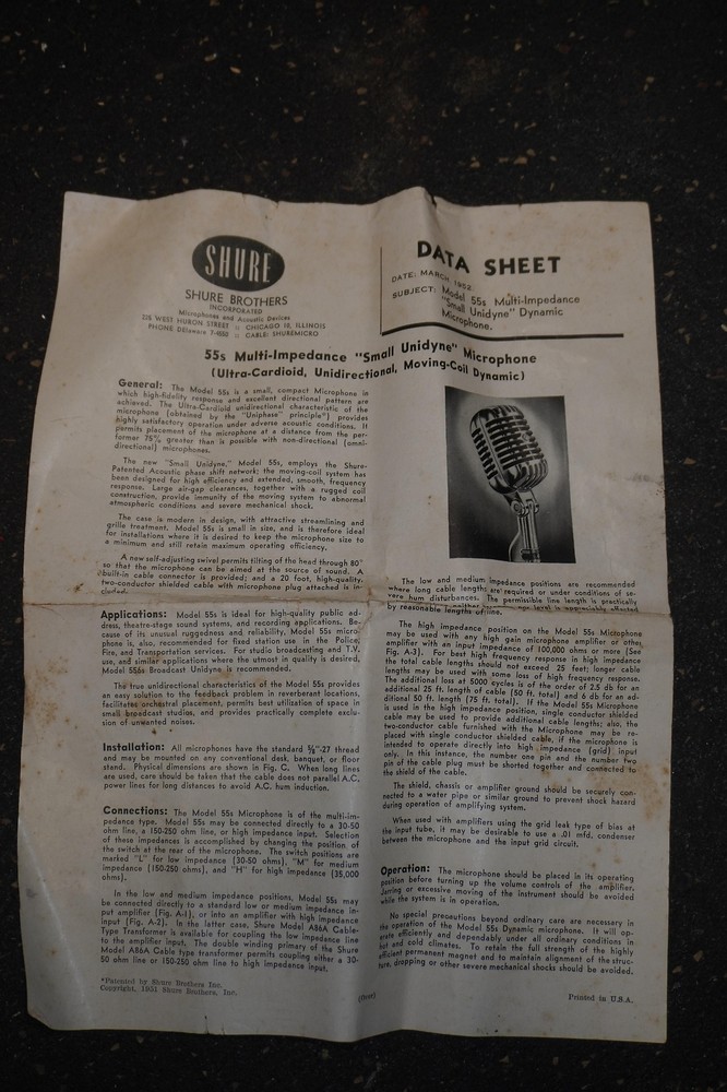 Shure 55s Microphone Data Sheet 1952