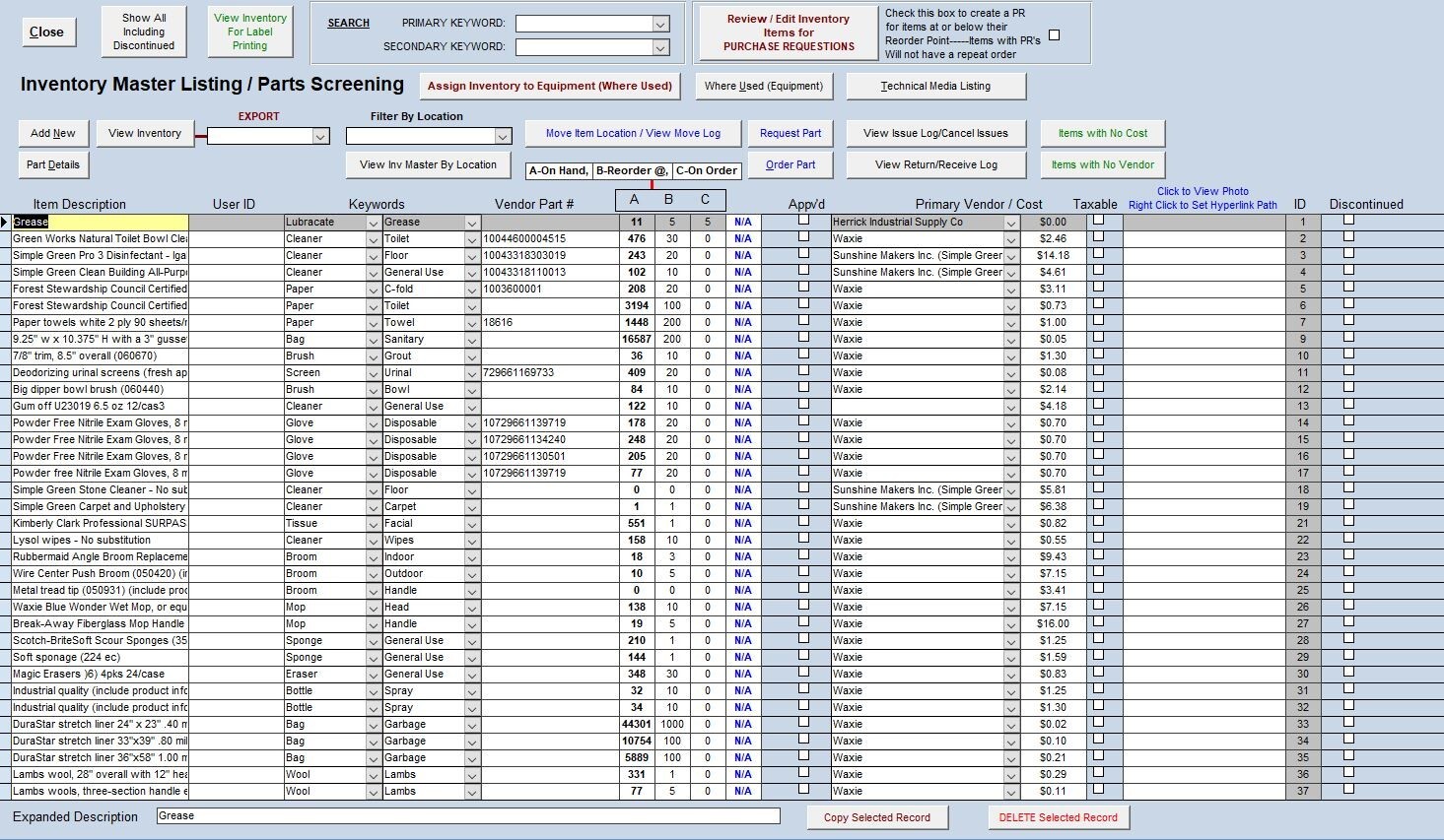 ZUD, MS Access CMMS app for Maintaining Equip, Inventory ,PM/Repair Work Orders