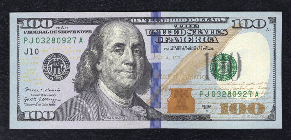 2017-A $100 FRN “SEAL OVERPRINT OFFSET ON BACK ERROR” ABOUT UNCIRCULATED