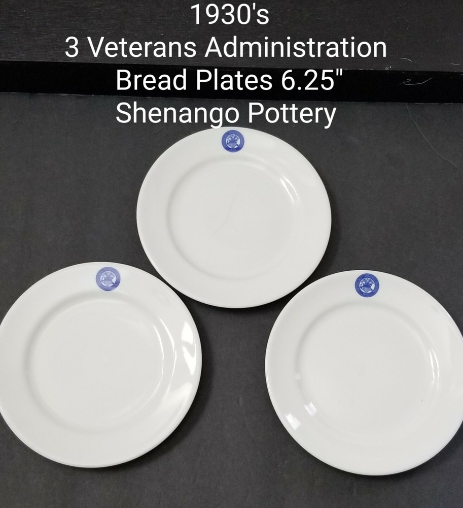 3 VETERANS ADMINISTRATION  6.25" Bread Plates  SHENANGO Restaurantware  1930's