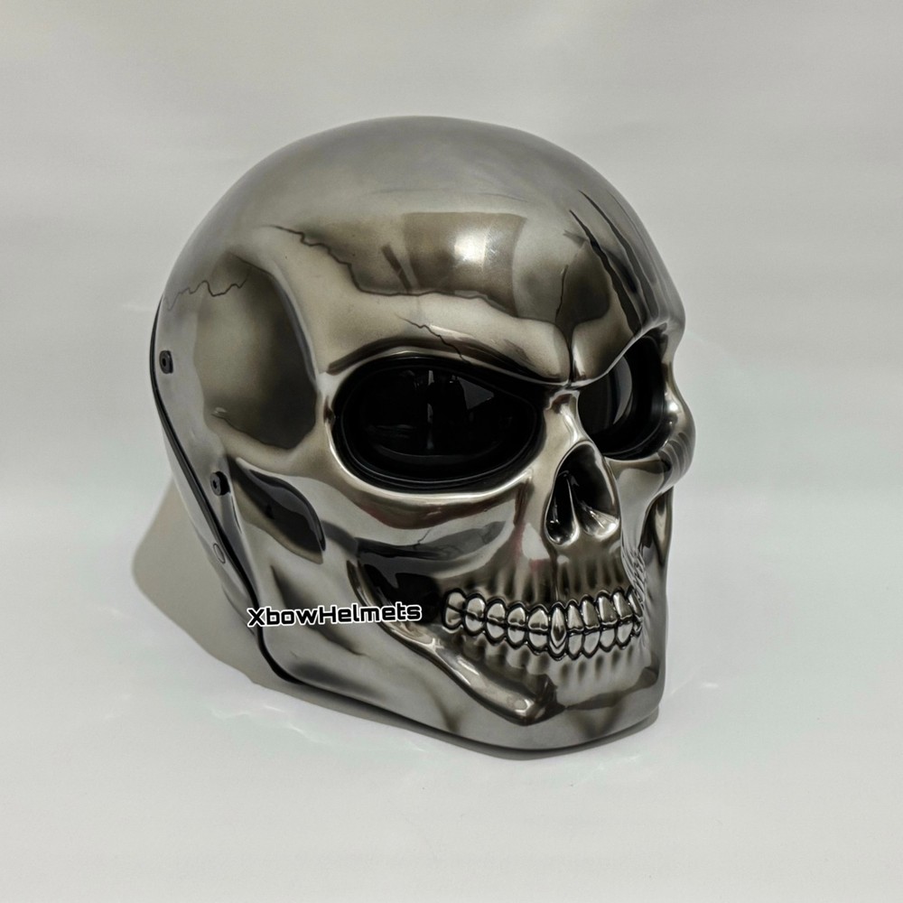 GREAT CUSTOM SKULL MOTORCYCLE HELMET CHROME CRACK (DOT & ECE CERTIFIED)