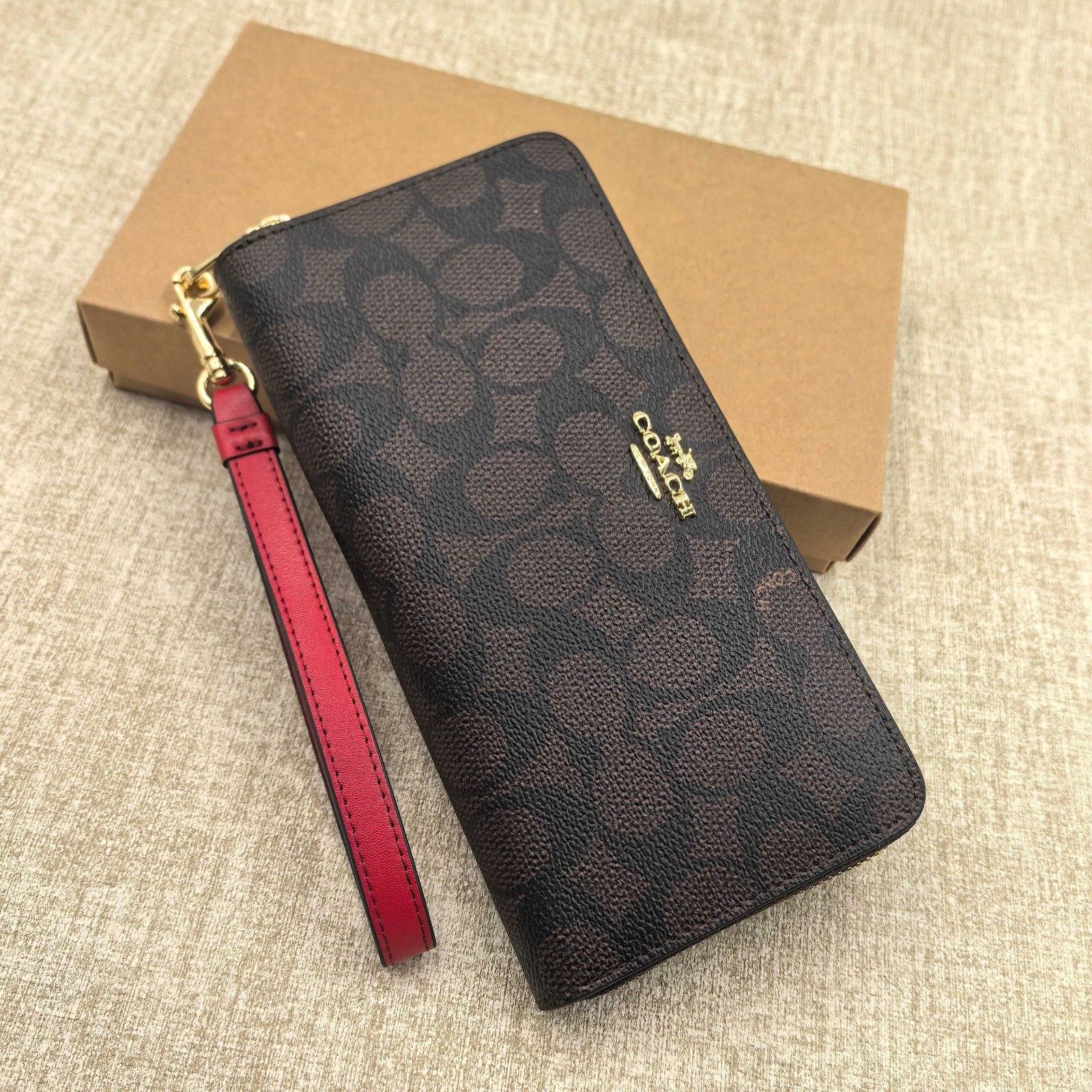 New Coach CW778 Long Zip Around Wallet in Signature Canvas Walnut and Bold Red