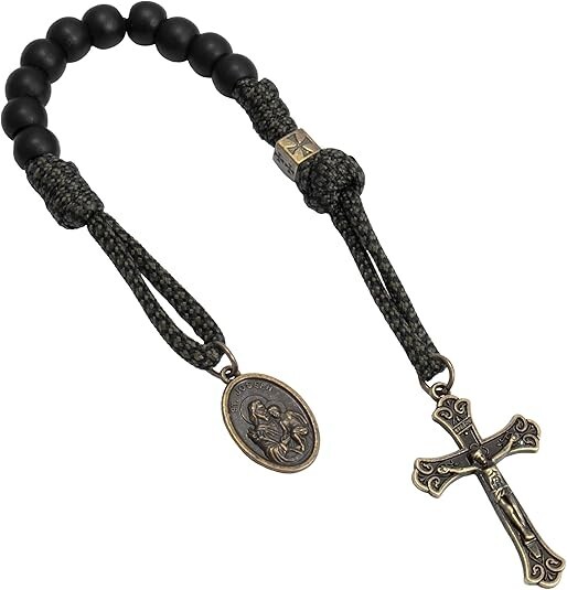 St. Joseph One Decade Green Paracord Black Beads Bracelet Prayer Rosary