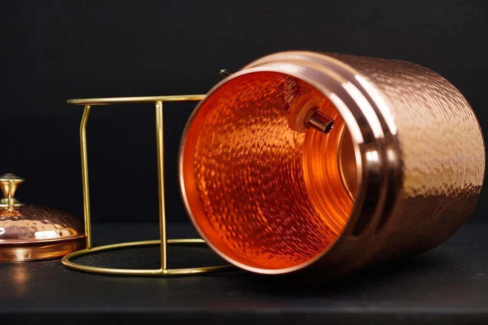 Pure Copper Hammered Water Dispenser Storage Water Tank 5 Ltr with Tap & 4 Glass