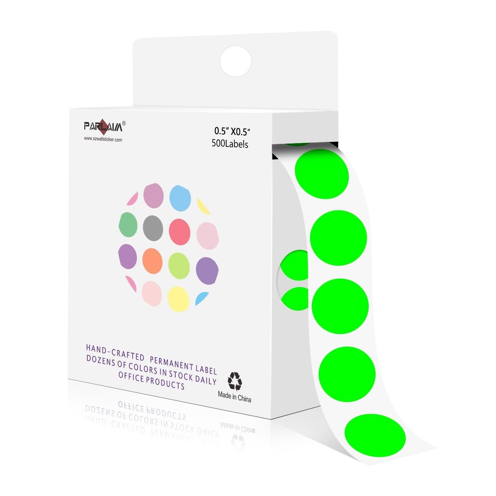 PARLAIM 1/2 Inch Round Adhesive Color-Code Dot inch, Fluorescent Green