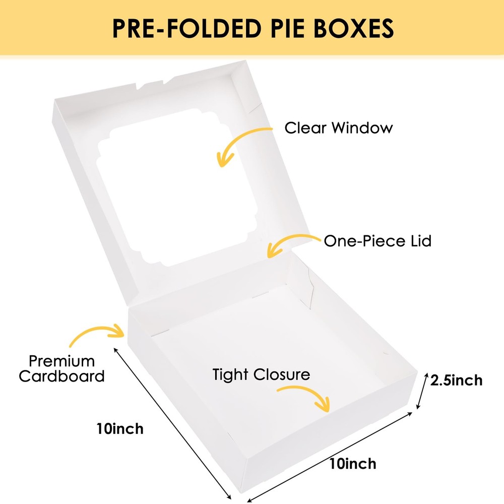 45 PCS Pie Boxes 10x10x2.5 Inch White Bakery Cookie Container Window Pastries