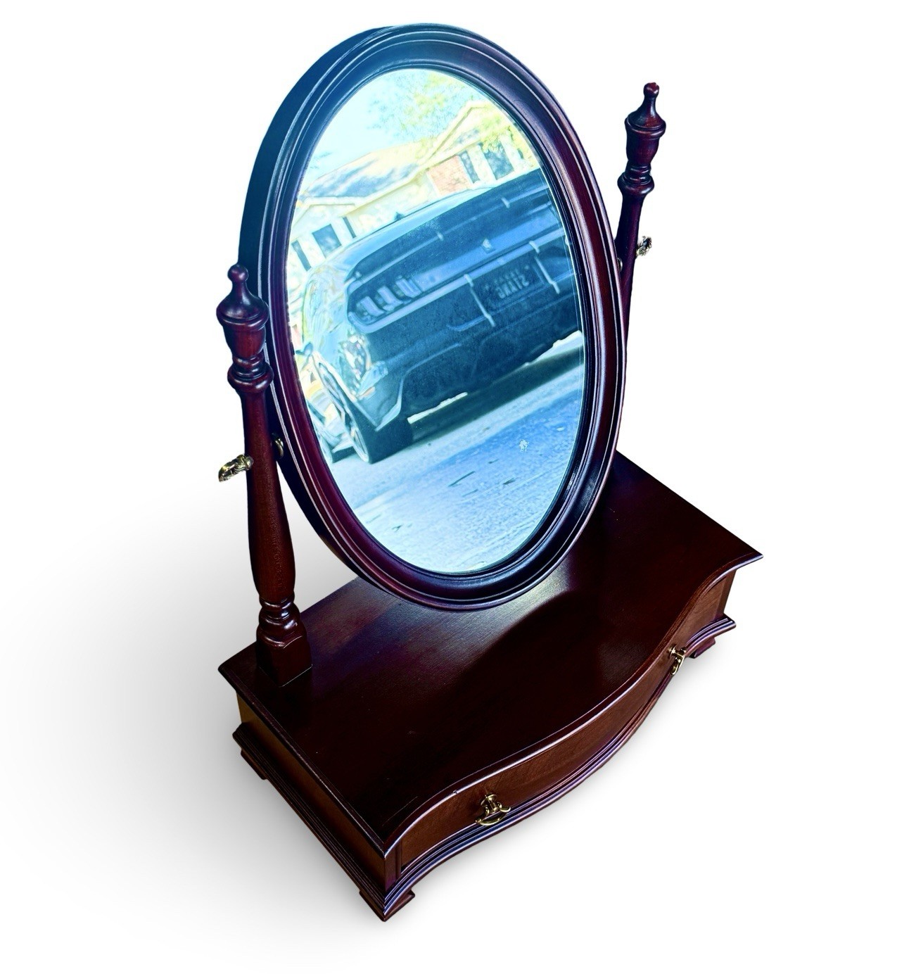 Ethan Allen Solid Wood Oval Swivel Vanity Mirror w/ Drawer 1993 Vintage