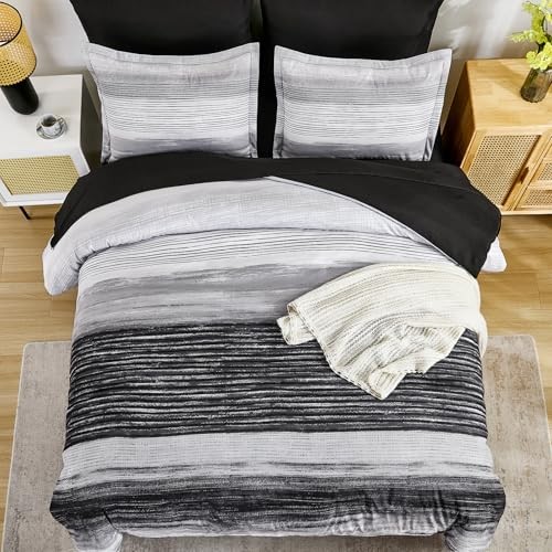 Comforter Set 7 Pieces, Striped Comforter Bedding Set for All Queen Black