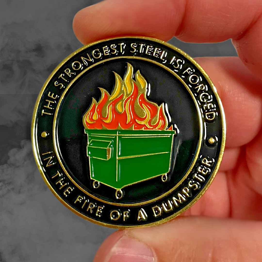 Dumpster fire coin - Fire Challenge Coin - Two Sided Color Dumpster Coin W/Stand