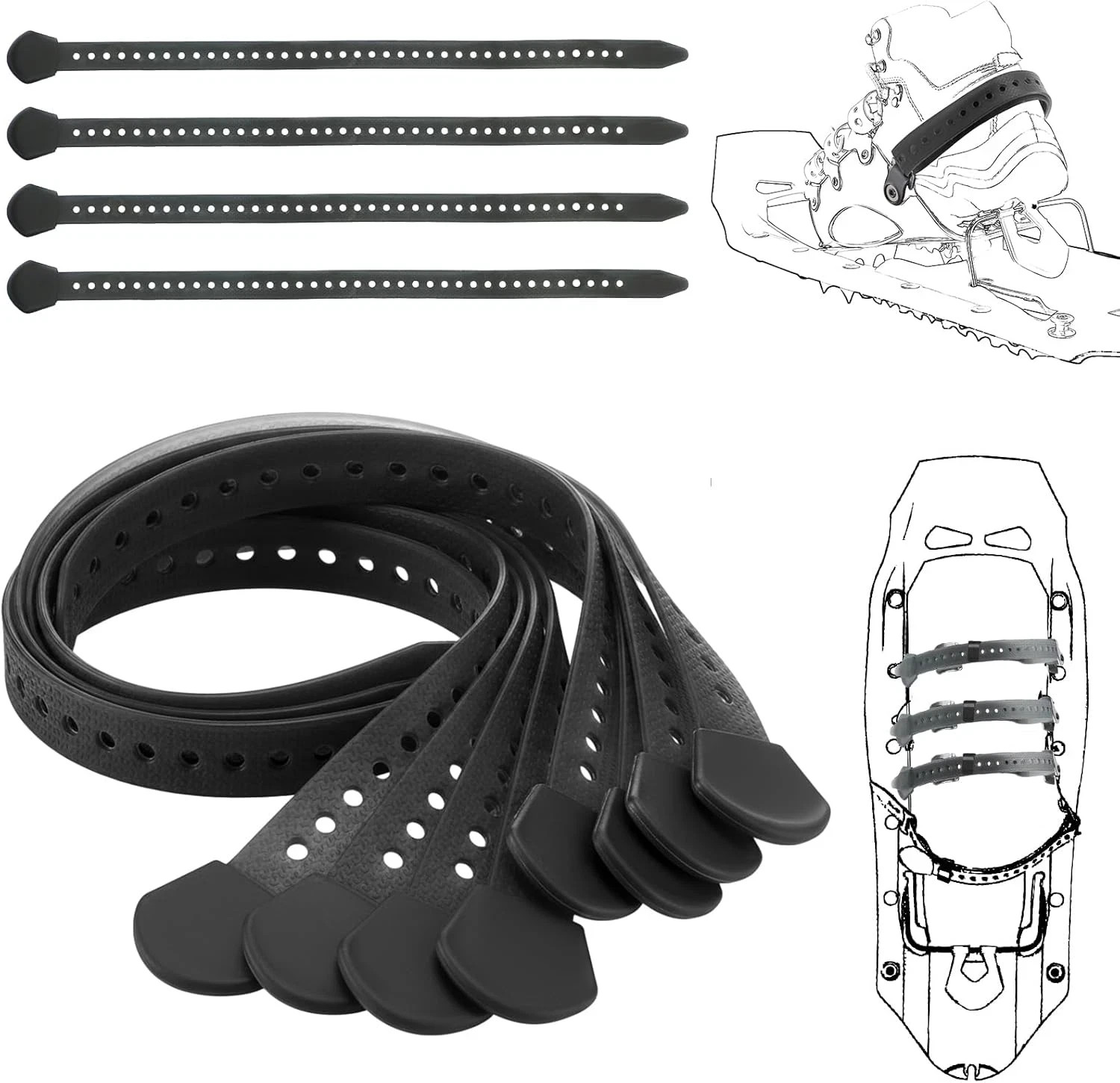 18" Classic Snowshoe Strap Kit Black Skiing Boot Wraps Ties Adjustable Snowshoes