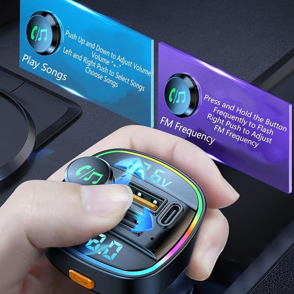 Bluetooth 5.0 Car FM Transmitter with USB PD Charger Wireless Audio Adapter AUX