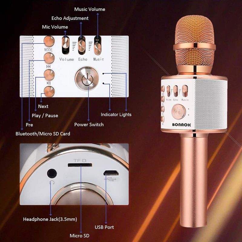 BONAOK Wireless Bluetooth Karaoke Microphone Rose Gold