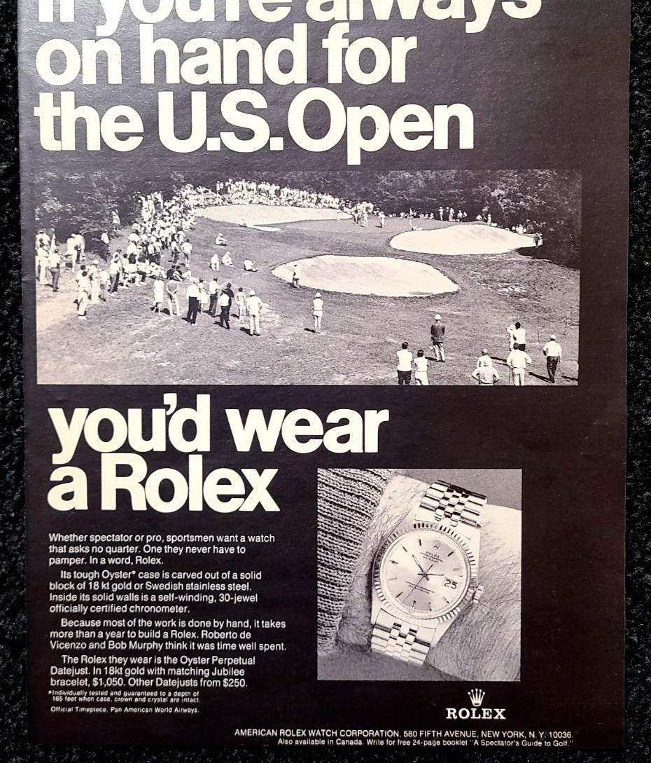 Rolex Oyster Datejust Original 1969 *Vintage Print AD* U.S. Open Wall Art