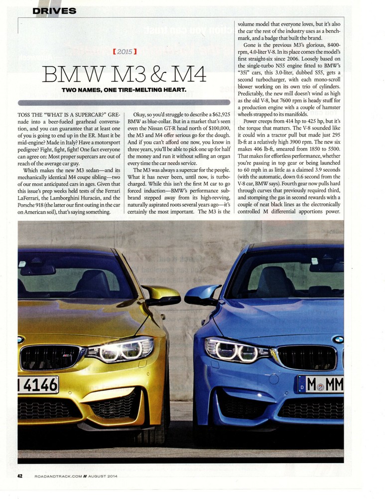 2015 BMW M3 & M4 ~ ORIGINAL 2-PAGE ARTICLE / AD