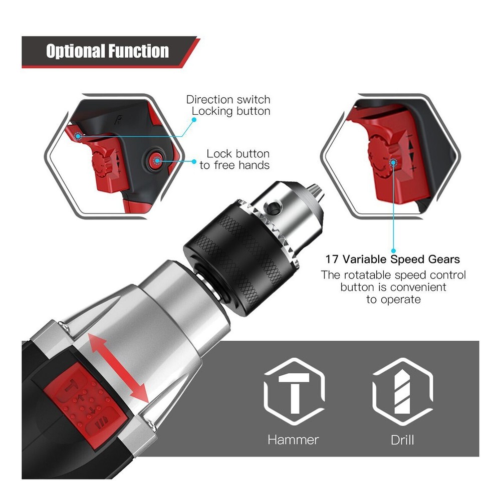 Hammer Drill 950W High Power Impact Drill Tool 13MM Keyed Chuck 17Variable Speed