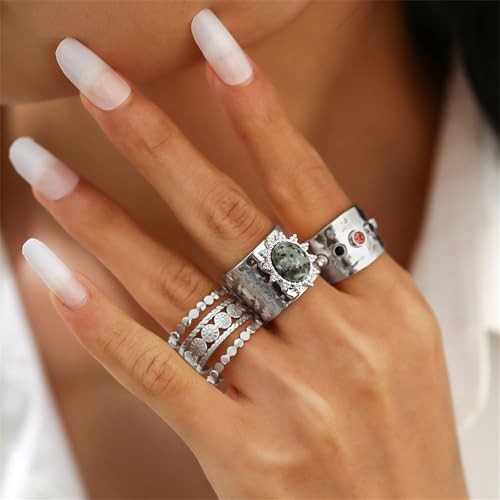 3Pcs Chunky Statement Ring Set for Women,Stackable Wide Band Rings Silver
