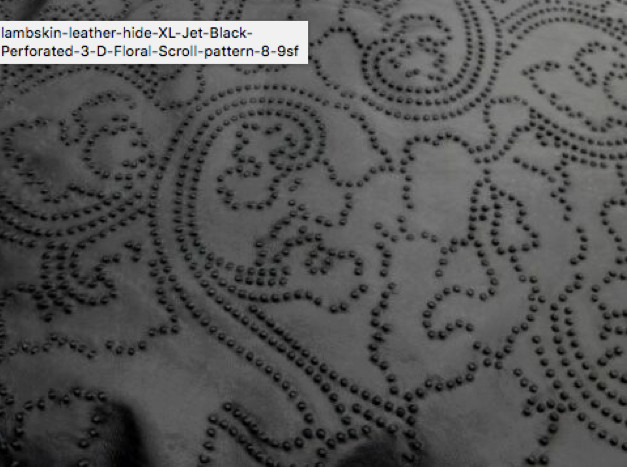 lambskin leather hide Jet Black Perforated Victorian Floral Scroll pattern 1.5oz