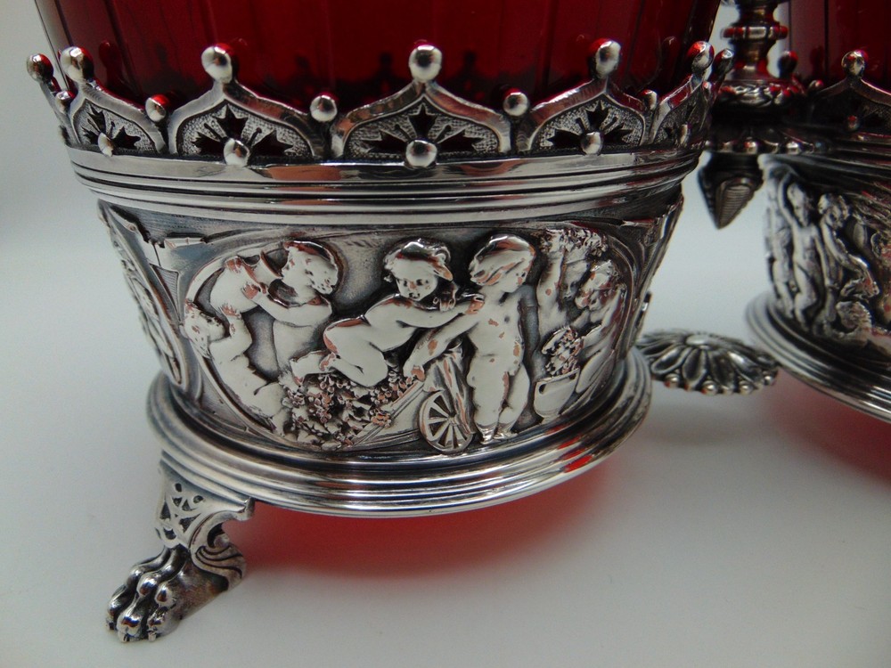 1870 Antique English Elkington Silver Plated & Ruby Red Glass Bowl Jam Holder