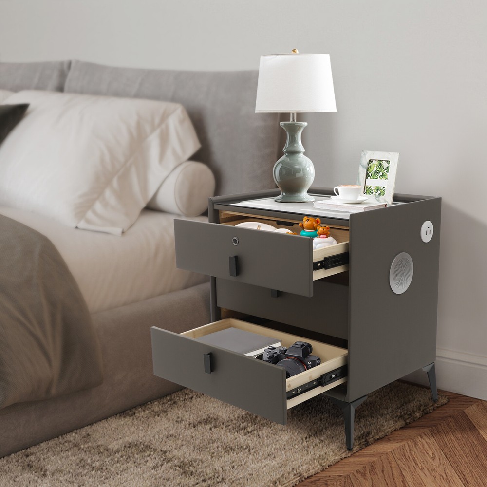 Smart Bedside Table + Three-color Light+Drawers+Usb&wireless Charging Dark Grey