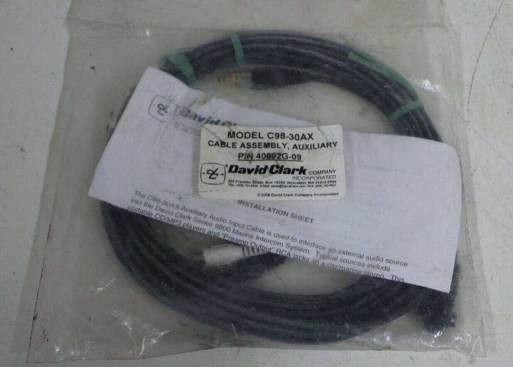 # 40892G-09 David Clark Model C98-30AX Auxiliary Cable Assembly