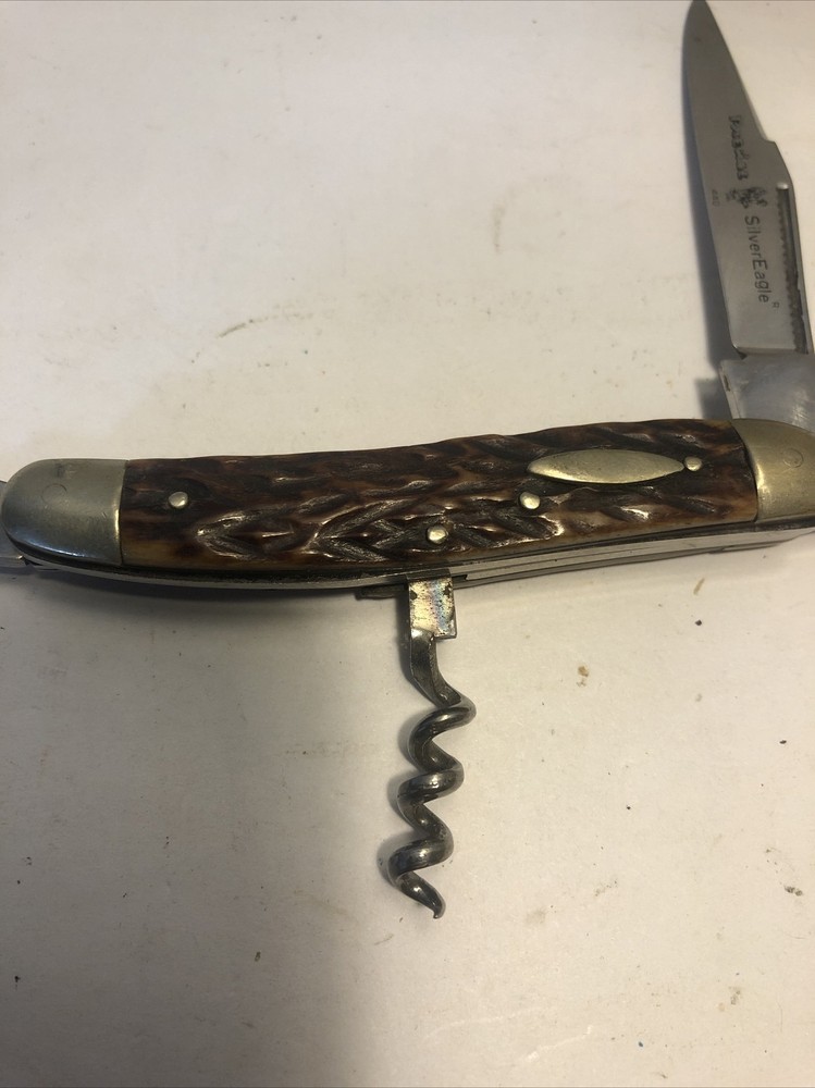 Precise SIlver Eagle 440 Pocket Knife 4 Function Wood Grain Handle