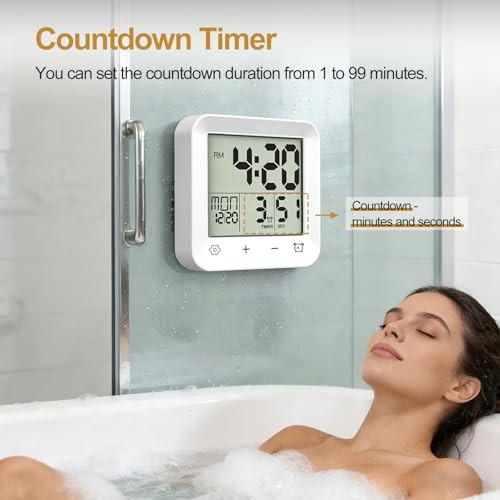 Shower Clock Waterproof, Bathroom Digital Clock with Timer, LCD 5.5 Inch White