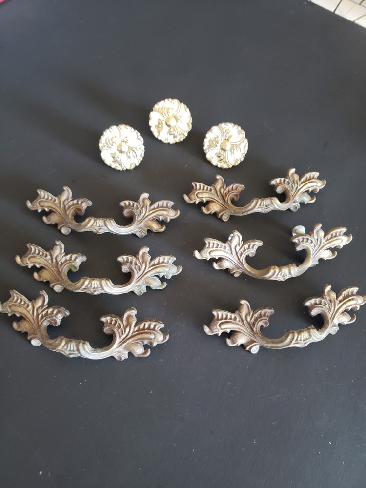 Vintage French Provincial Drawer pulls 6 + 3 matching knobs whitewashed brass
