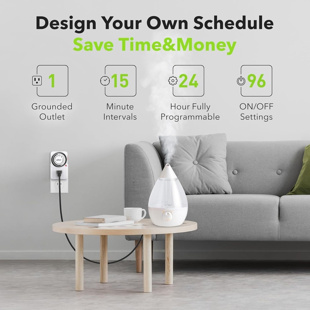 Grounded 24-Hour Plug-In Timer for Efficient Lighting & Appliance Automation