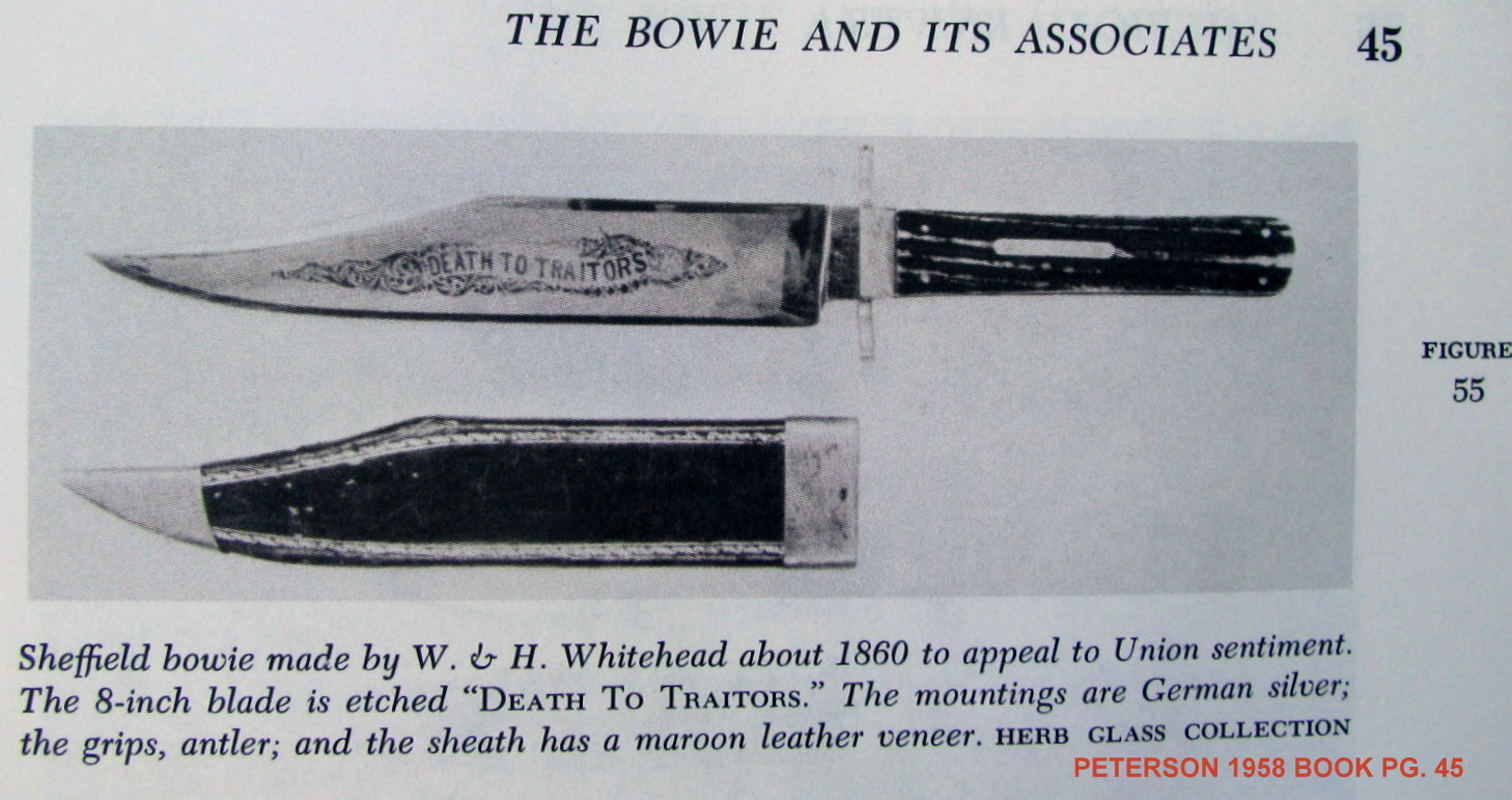 RARE DEATH TO TRAITORS ETCHED BOWIE~ORIGINAL SHEATH~W & H WHITEHEAD BROS 1862-63