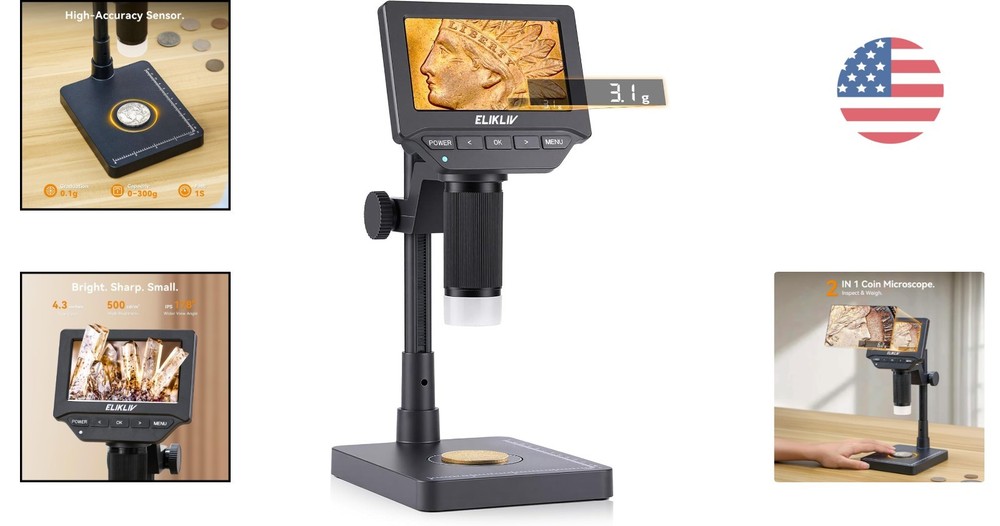 Coin Microscope with Scale：4.3" Digital Microscope with Adjustable LED, Error...