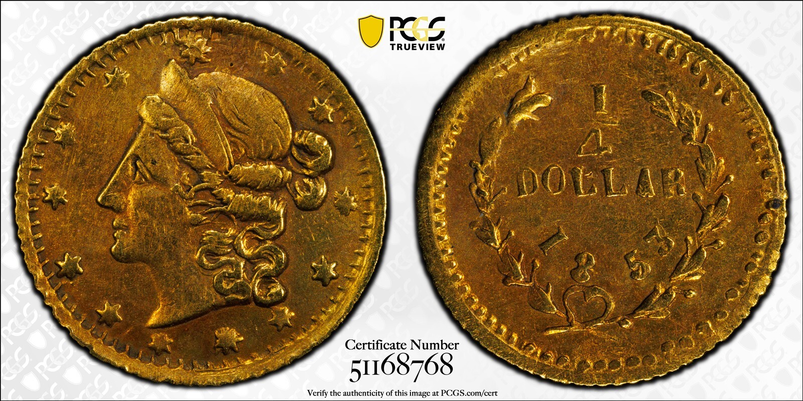 RARE - 1853 G25C California Fractional Gold / BG-215 / PCGS AU / LR7